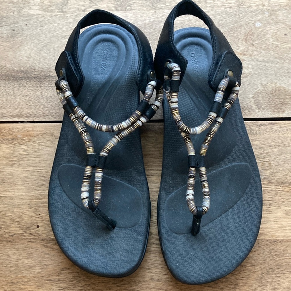 Aetrex Black and Gold Sandals with Beaded Straps